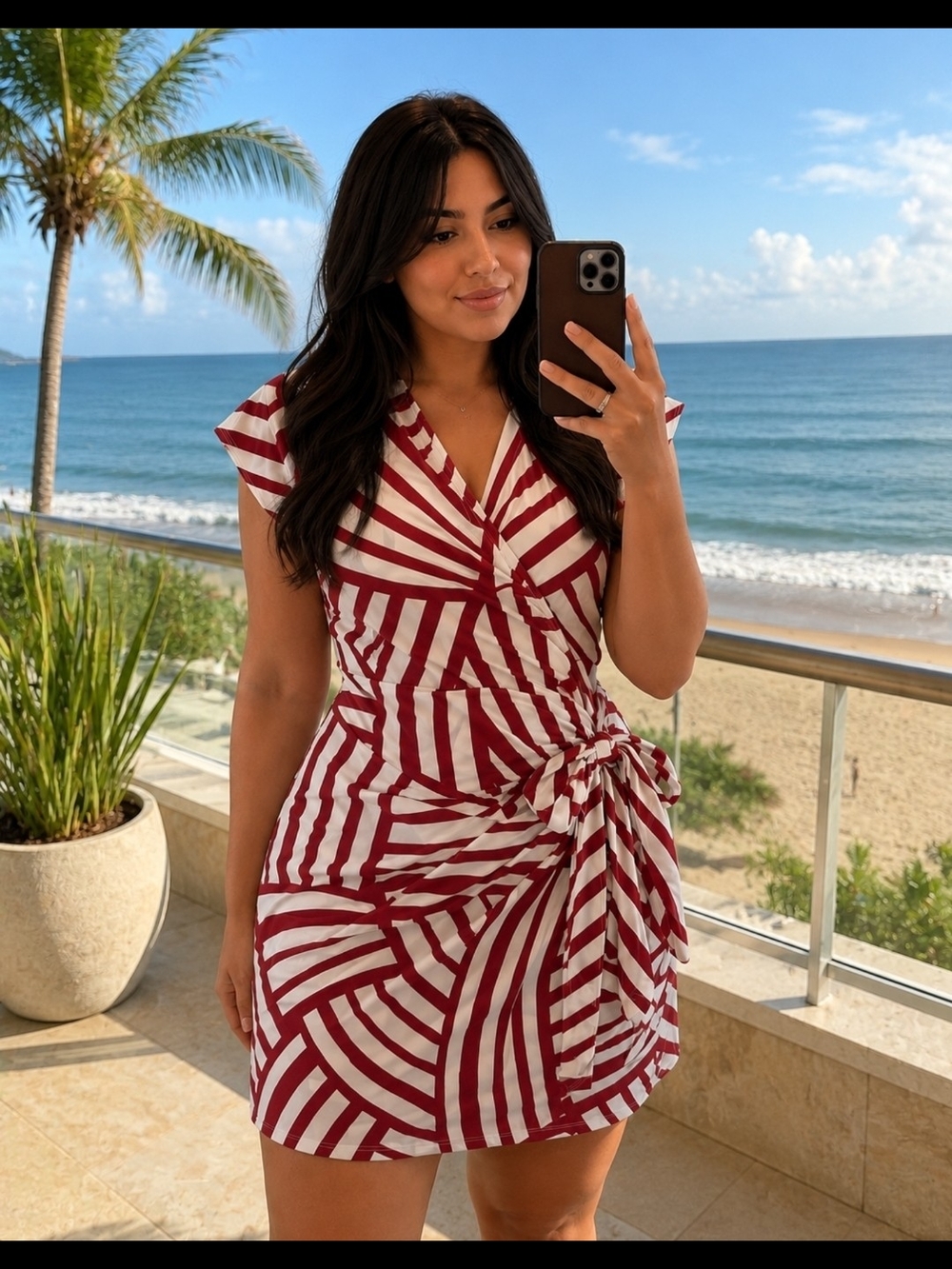 Maggy London Burgundy and White Striped Wrap Mini Dress sz 18